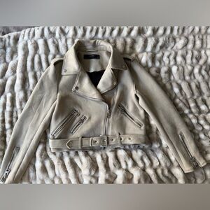 Zara Basic Beige / Cream Belted Moto Biker Jacket Size M